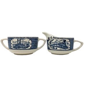 Currier & Ives Creamer Sugar Vintage Royal China Train River Boat Scene USA